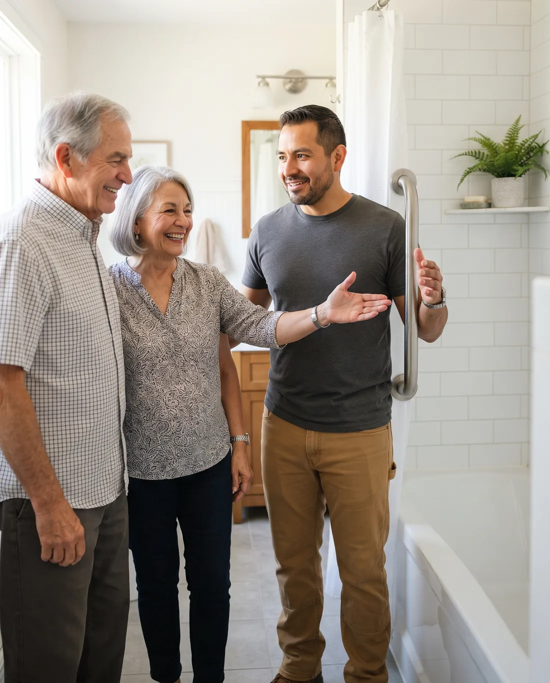 Handyman showing a newly installed grab bar beside a bathtub to a smiling senior couple