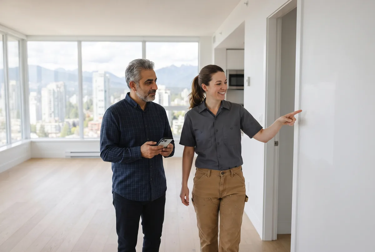 Handyman and a rental owner walking through a freshly painted empty apartment