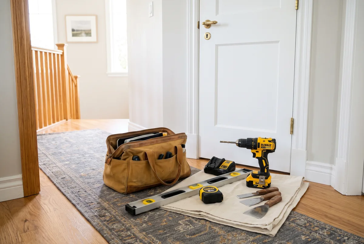 Tool bag, drill, level and putty knives laid out on a protected hallway floor