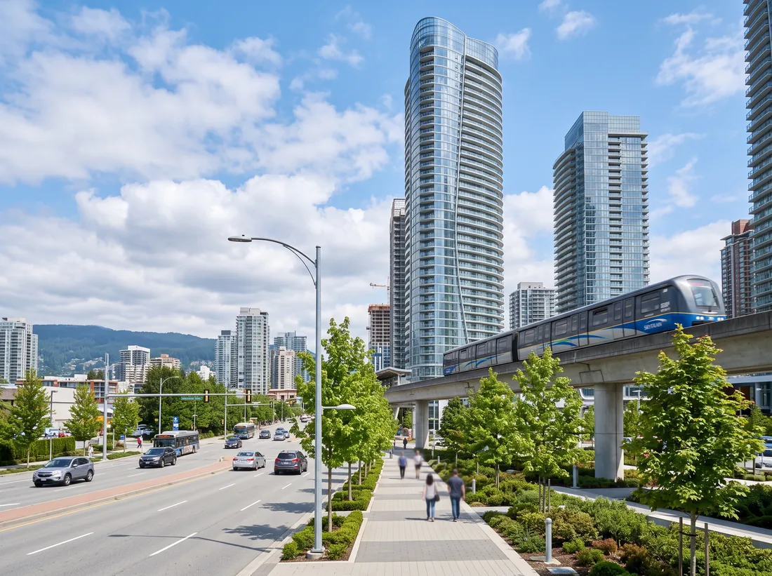 New curved glass towers in Brentwood, Burnaby, with the SkyTrain guideway in front