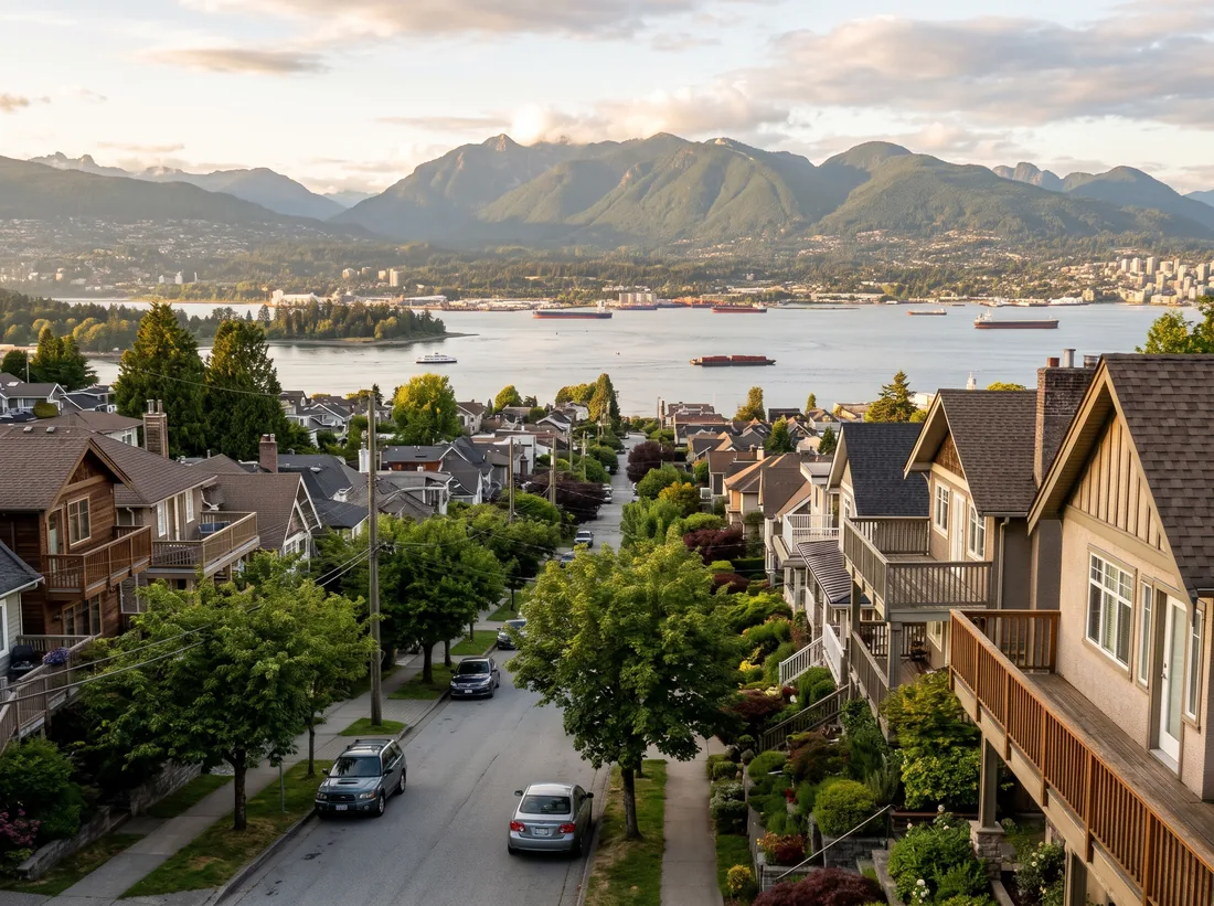 View from Capitol Hill over rooftops to Burrard Inlet and the North Shore mountains