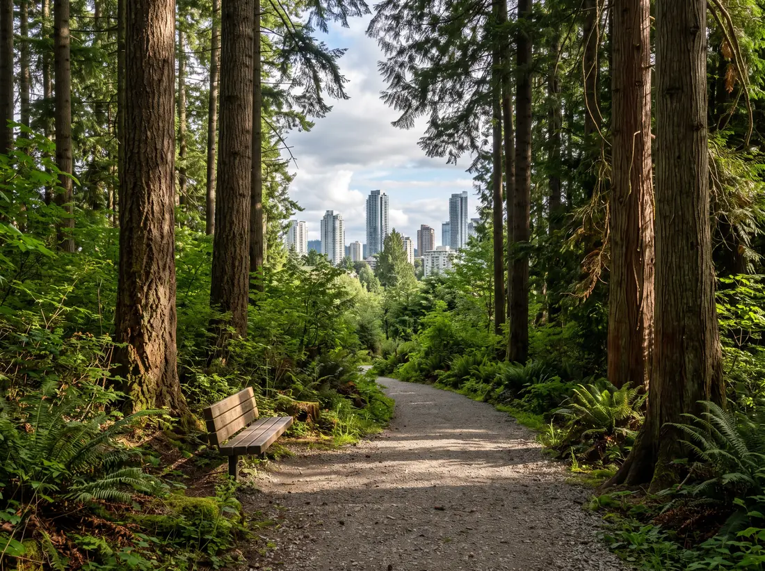 Tall evergreen trees along a park path in central Burnaby