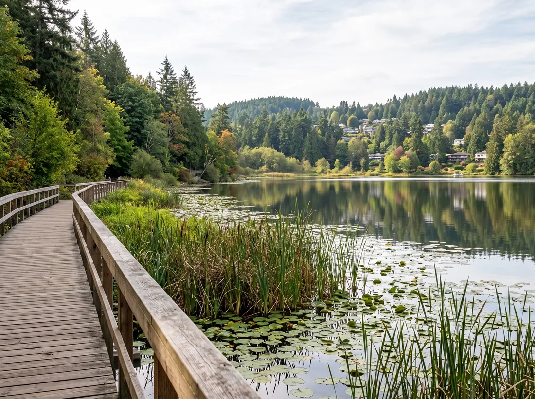 Calm Deer Lake in Burnaby with a wooden boardwalk and forested shore