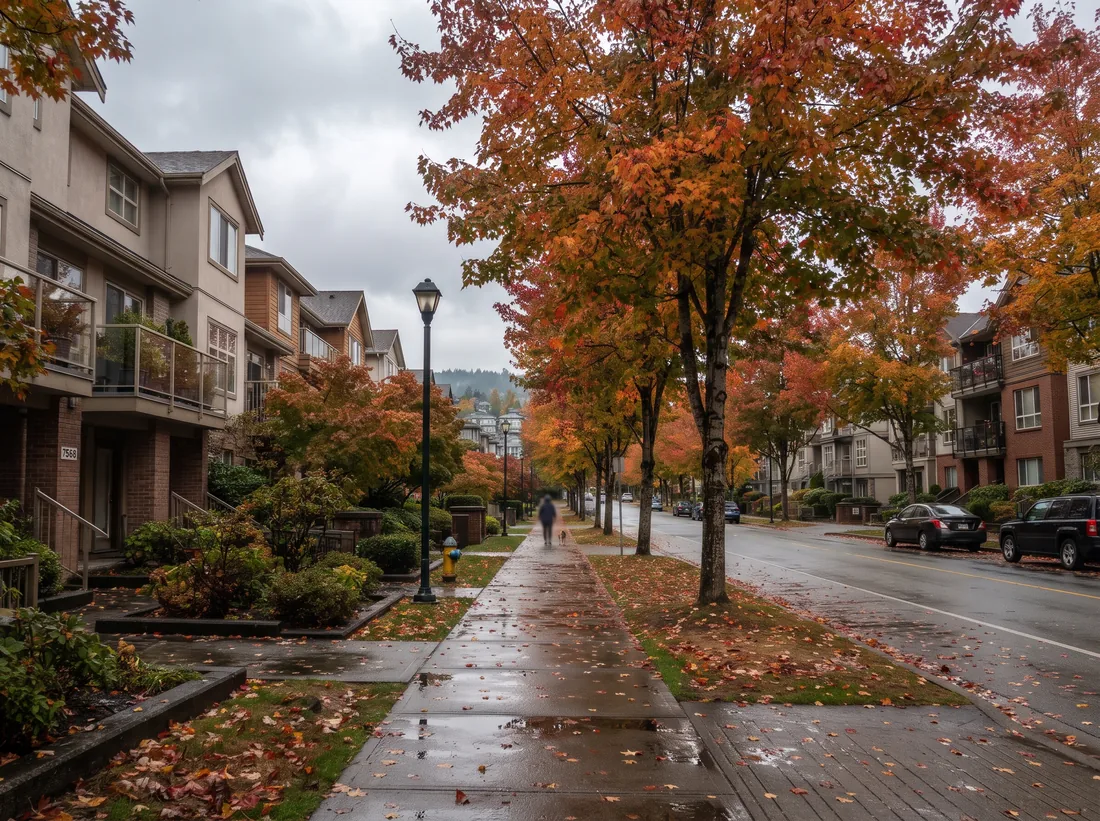 Low-rise condos and townhouses on a tree-lined street in the Edmonds area of Burnaby