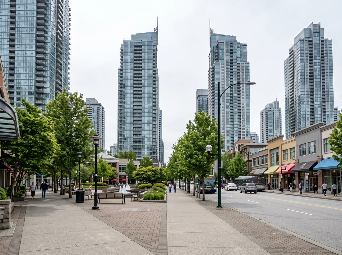 Glass residential towers and tree-lined sidewalks in Metrotown, Burnaby