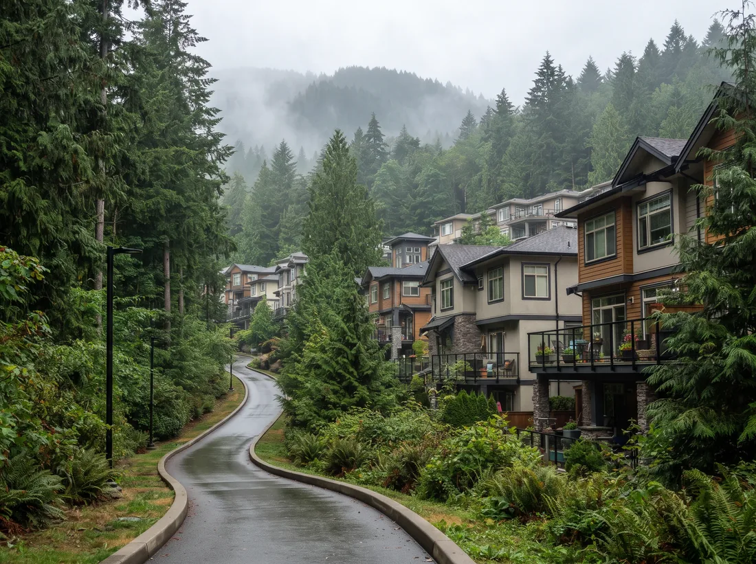 Townhouses and low-rise condos among evergreen forest on Burnaby Mountain