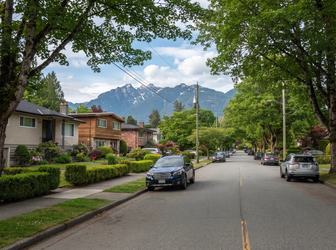Mid-century houses with small lawns and mature trees on a Burnaby street