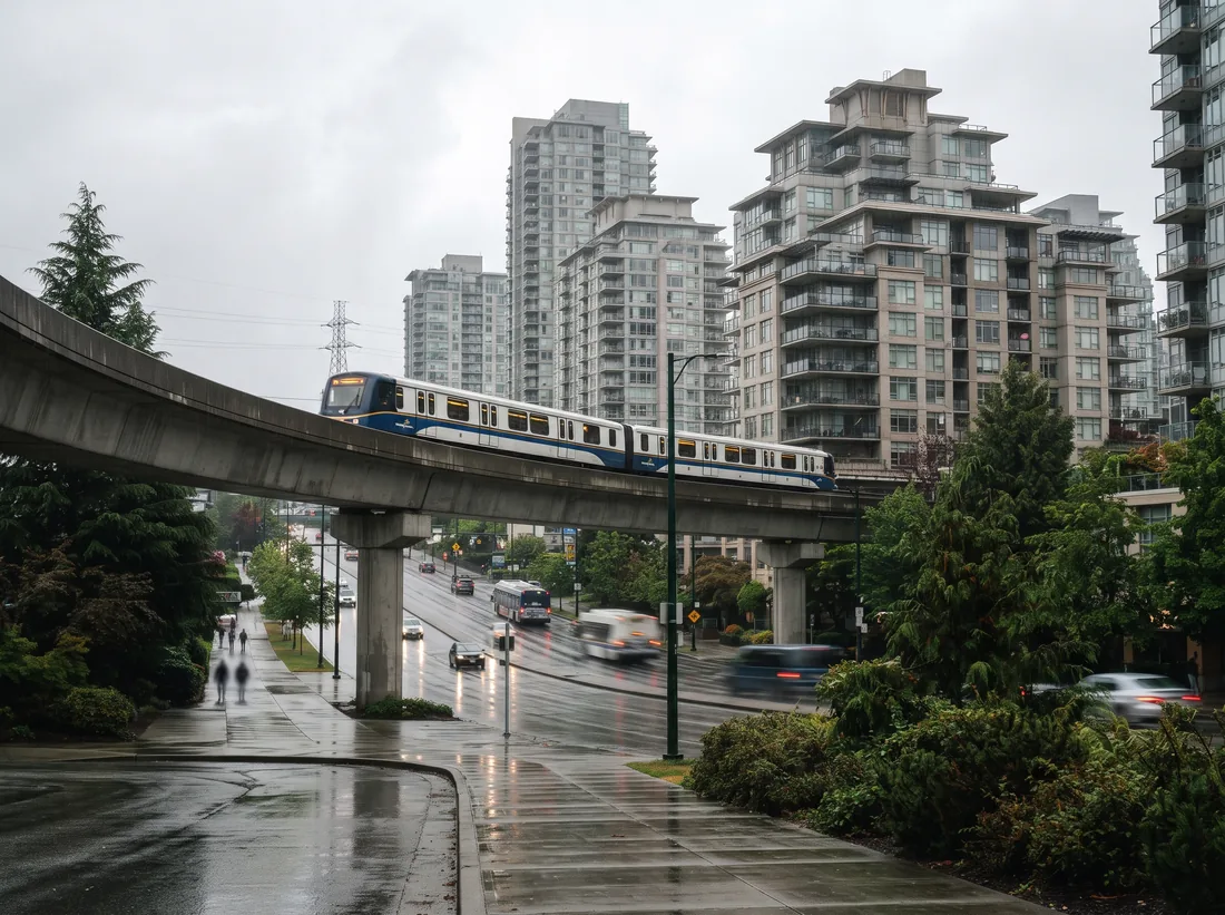 Elevated SkyTrain guideway curving past mid-rise condos near Lougheed, Burnaby