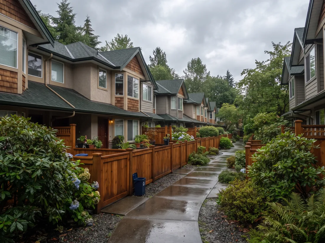 Row of wood-frame townhouses with small fenced patios in Burnaby