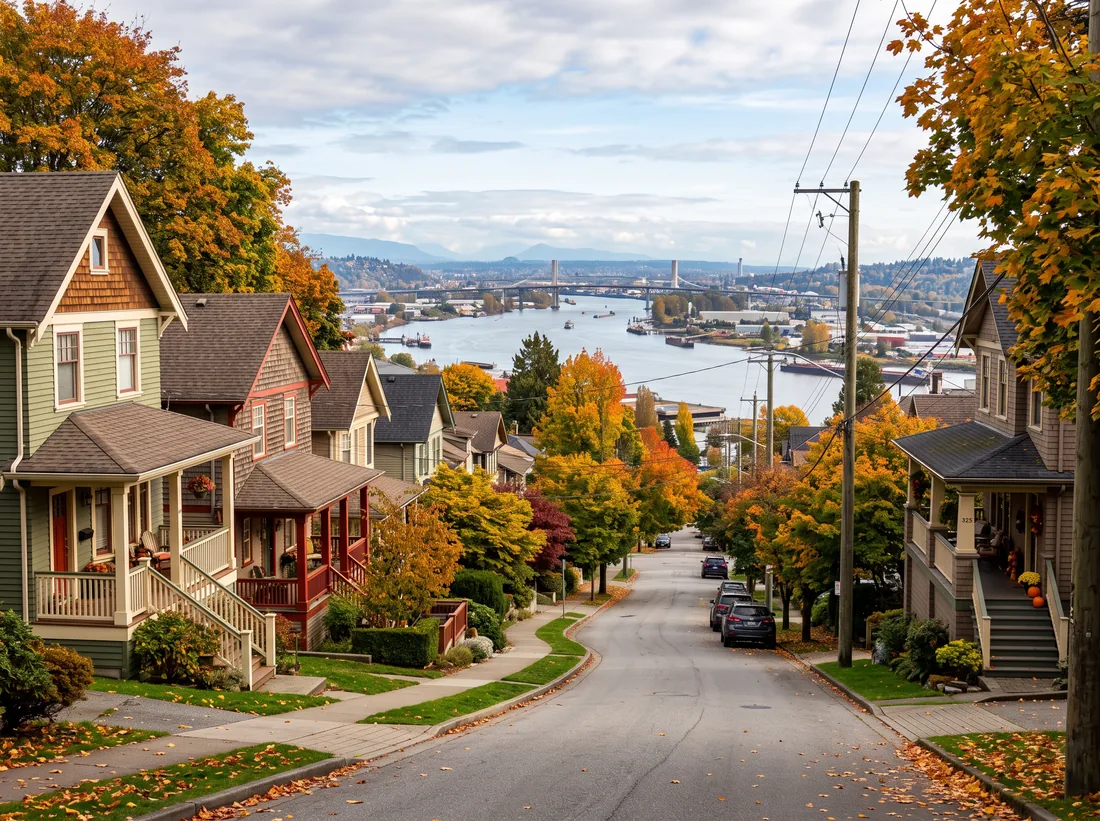 Heritage houses with porches on a sloping street in New Westminster