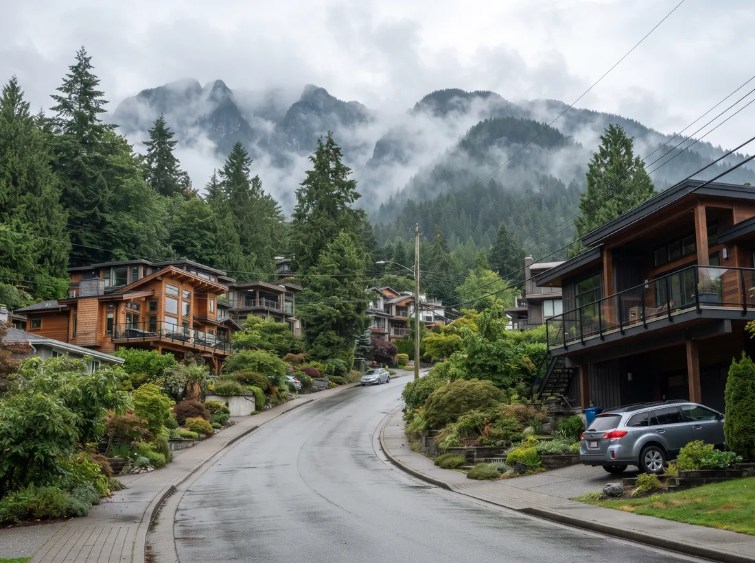 North Vancouver street of wood-sided houses below misty forested mountains