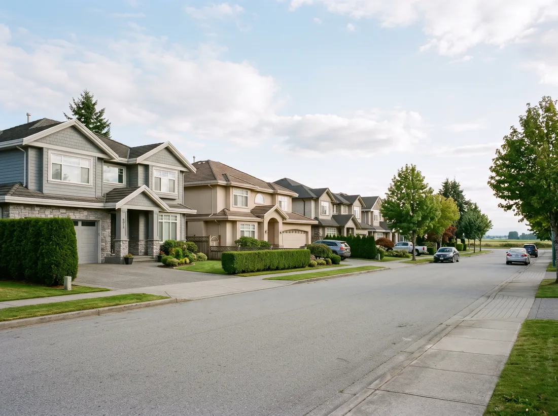 Flat suburban street in Richmond, BC with large family houses