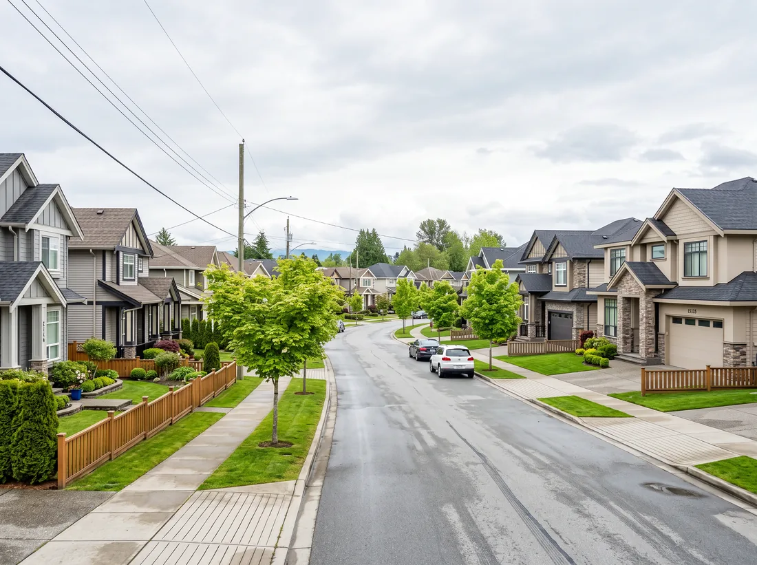 Suburban street in Surrey, BC with newer two-storey family houses