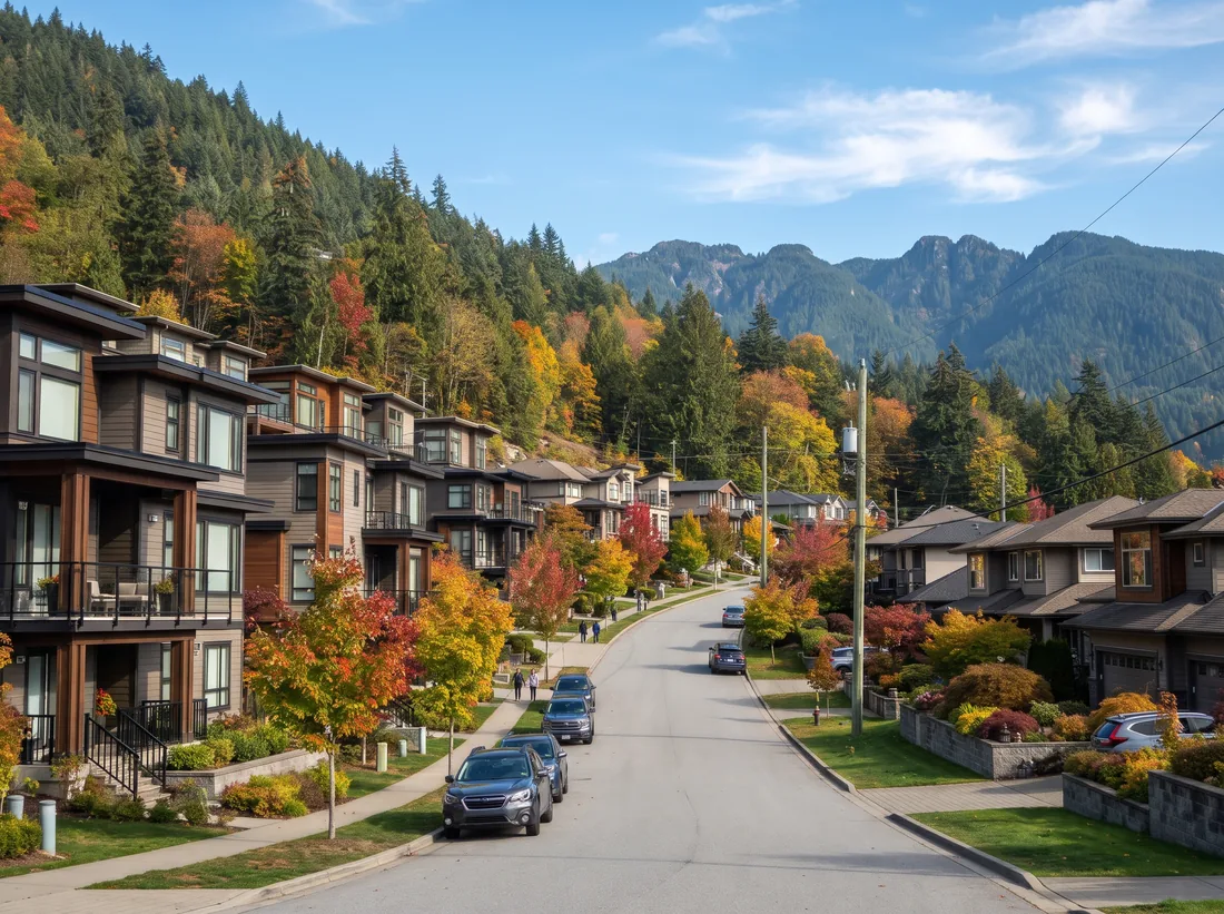 Townhouses and family homes on a hillside in Coquitlam with mountains behind