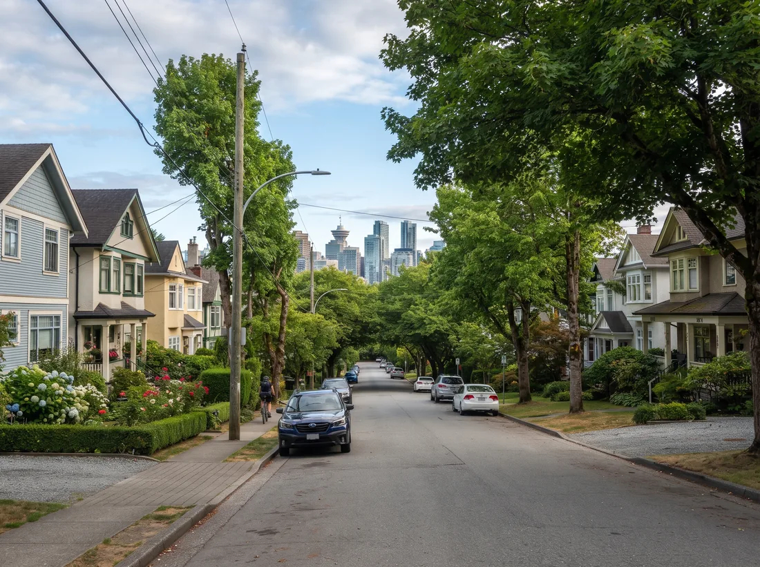 East Vancouver residential street with two-storey houses and mature trees