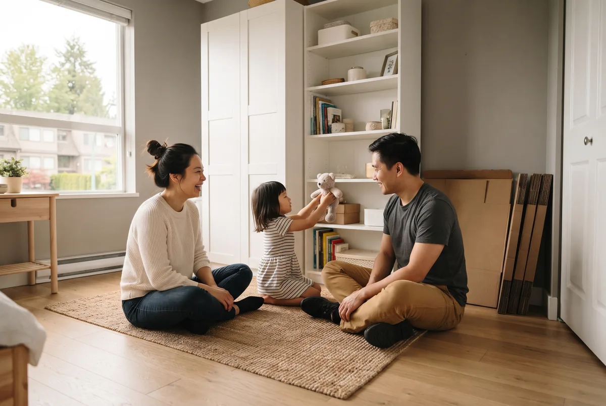 Young family in a bright bedroom with a newly assembled wardrobe and bookcase