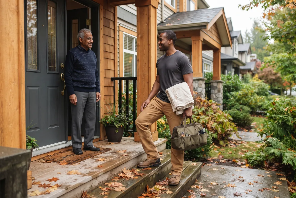 Handyman with a tool bag being welcomed at the front door of a Burnaby townhouse