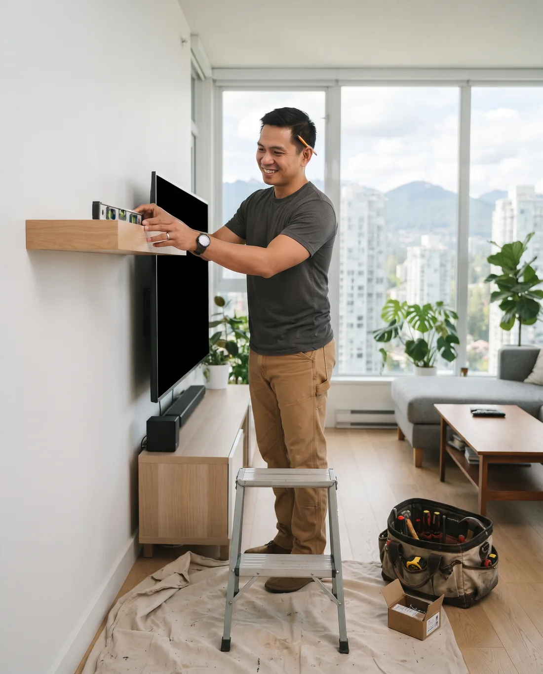 Handyman levelling a floating oak shelf in a bright Burnaby condo with towers and mountains outside
