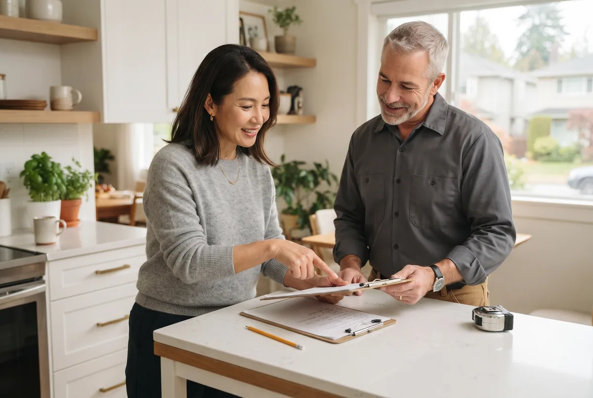Homeowner and handyman going through a handwritten to-do list at a kitchen island