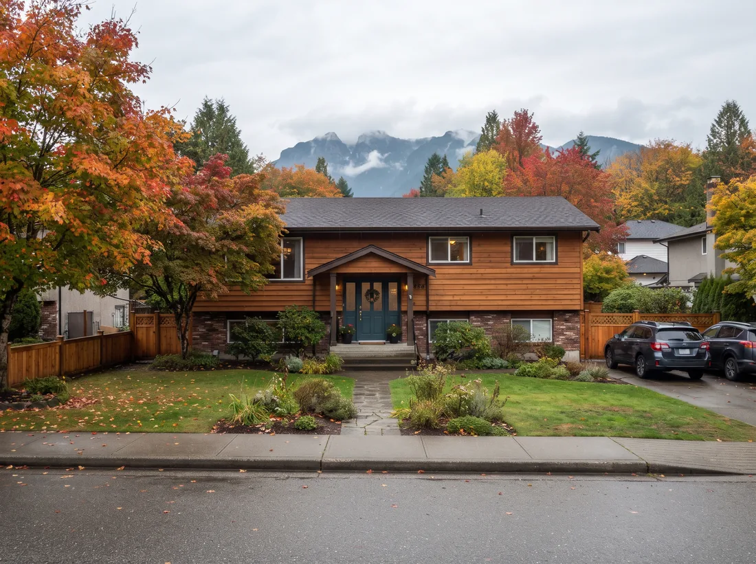 Tidy 1960s split-level house with a front porch and fence on a Burnaby street