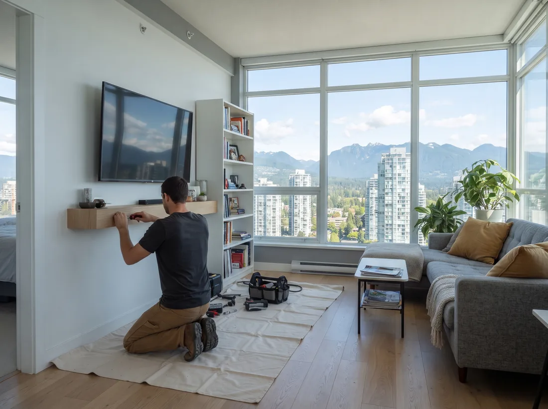 High-rise Burnaby condo living room with a mounted TV and tower views