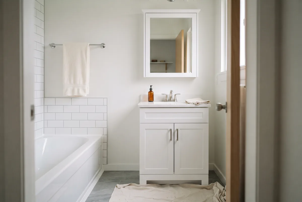 Small bathroom with a freshly caulked tub, grey tile and a new towel bar