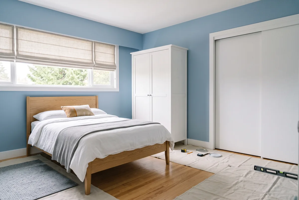 Bedroom with soft blue walls, a white wardrobe and new sliding closet doors
