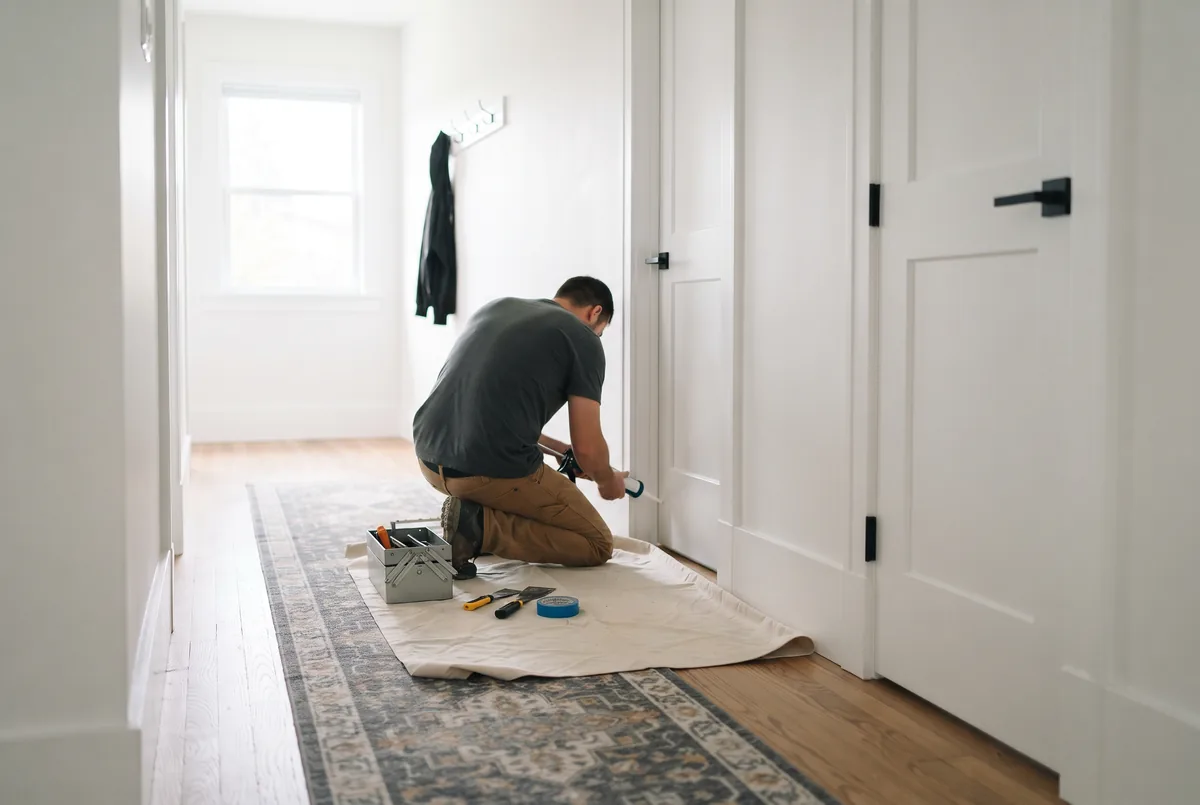 Hallway with white panel doors, new baseboards and black lever handles