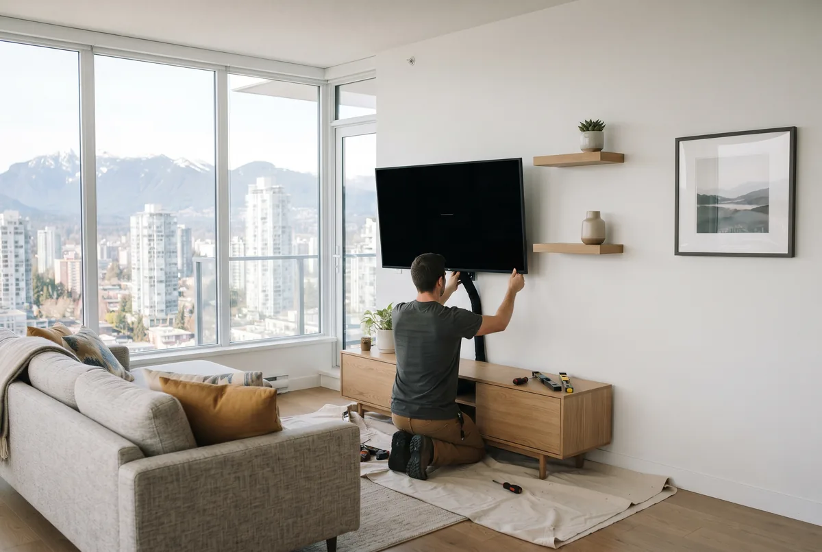 Condo living room with a wall-mounted TV, floating shelves and a framed print