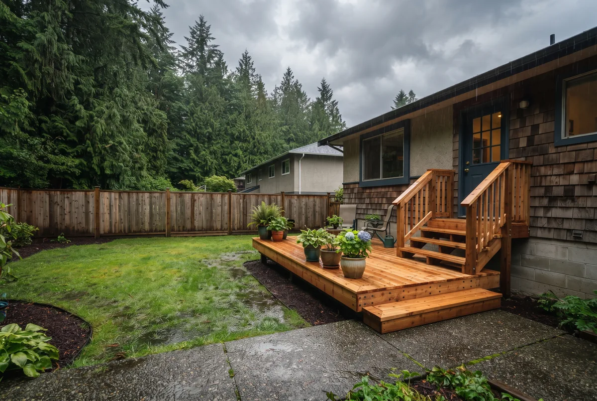 Backyard with a repaired cedar deck and straight fence after rain