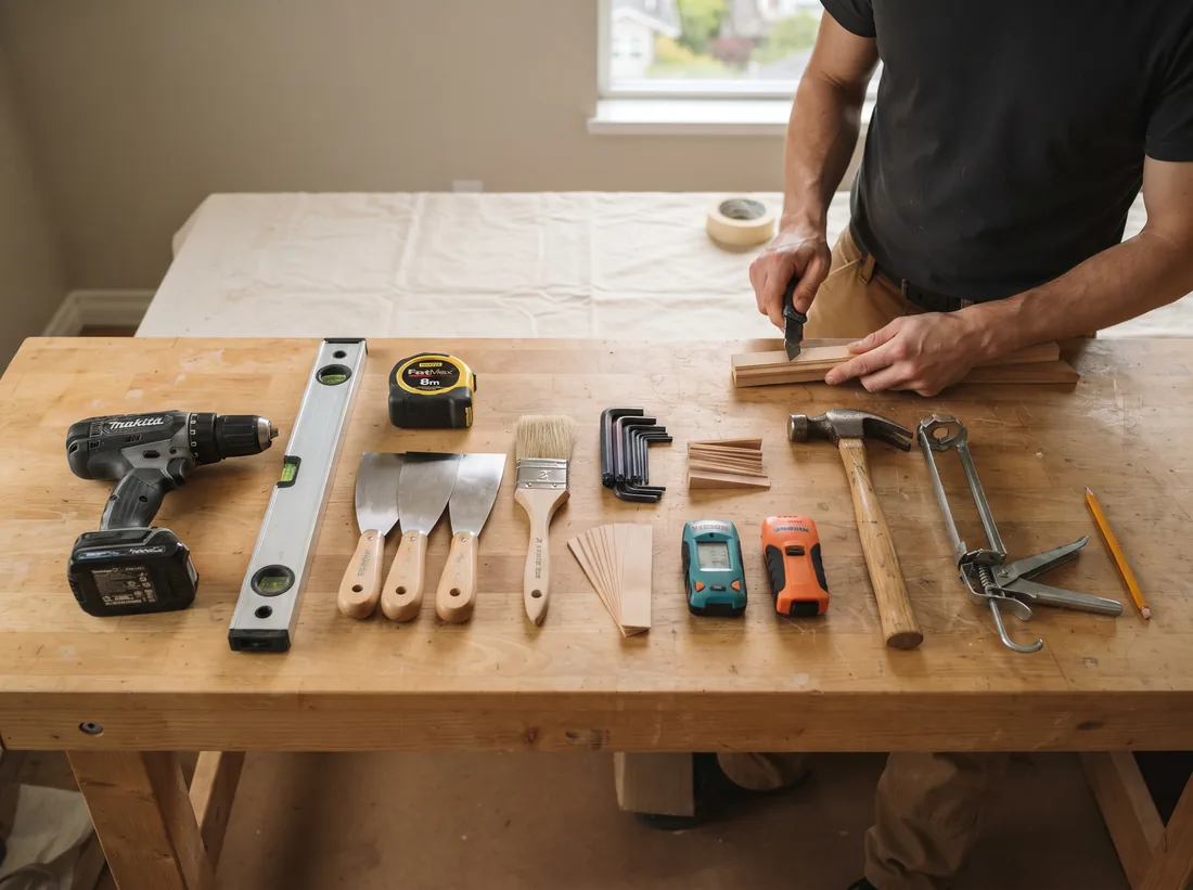 Handyman tools laid out neatly on a light oak workbench