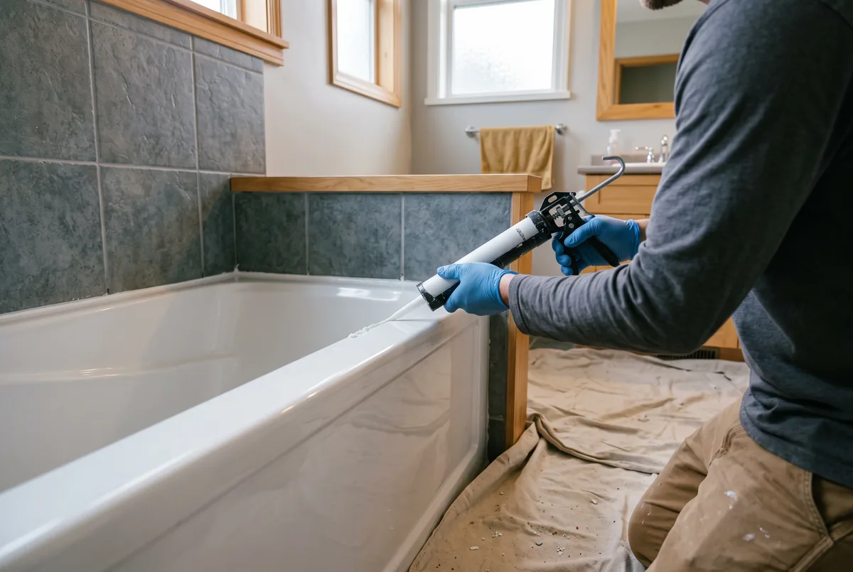 Hand running a fresh white caulk bead between a bathtub and grey tile