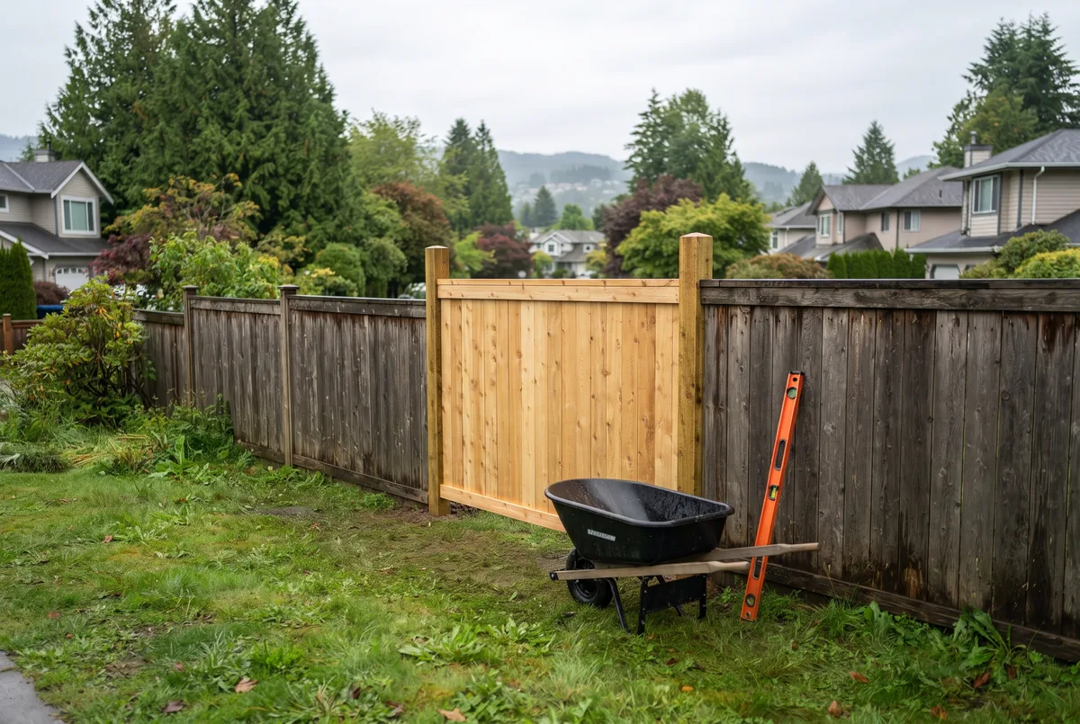 Cedar backyard fence with one new panel and post beside weathered boards