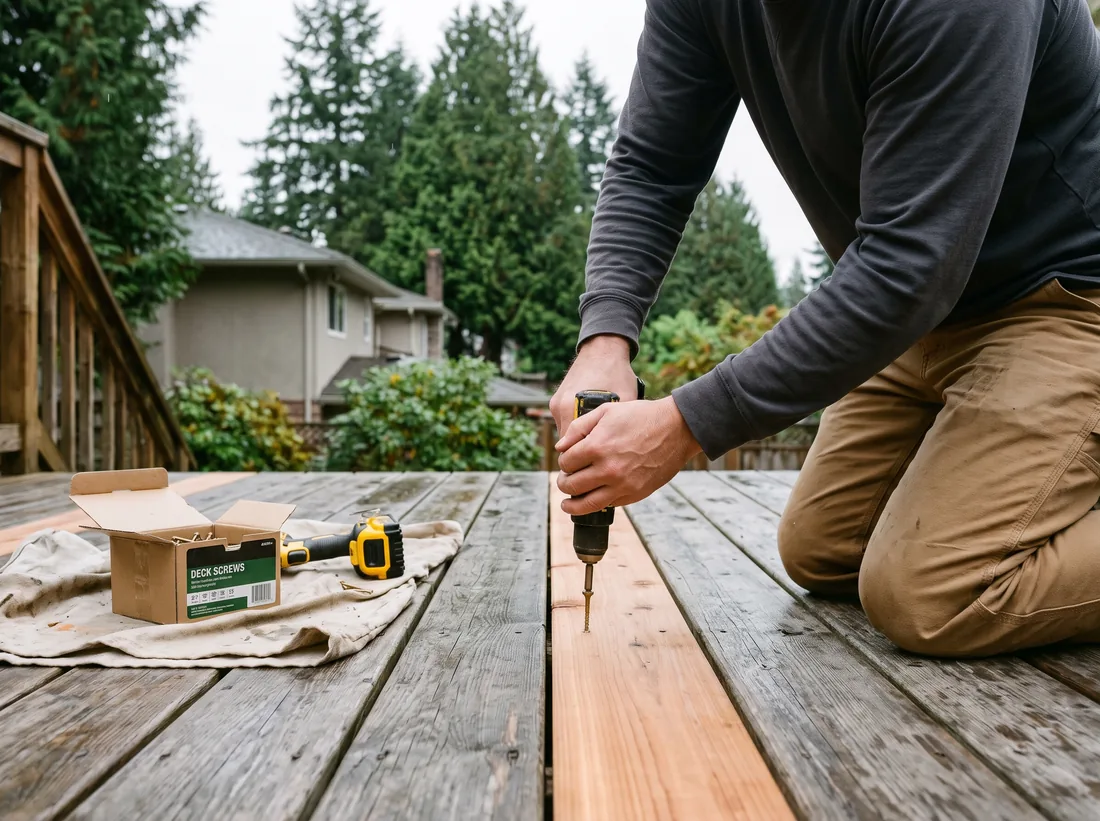 Hands screwing a new cedar board into a weathered backyard deck