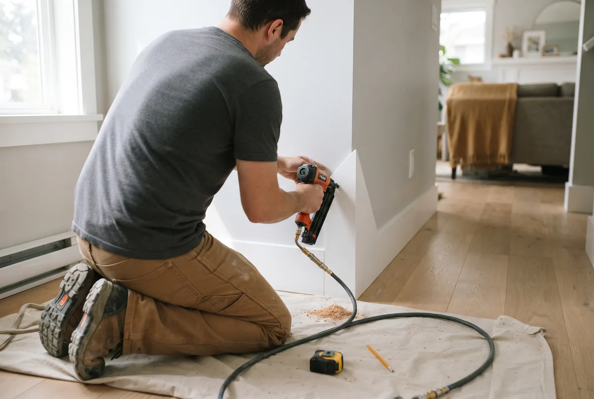 Worker nailing a tall white baseboard to the wall with a finish nailer