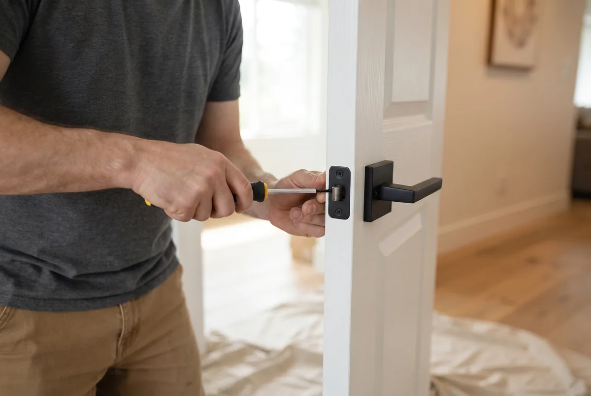 Hands tightening a hinge screw on a white interior door with a black lever handle