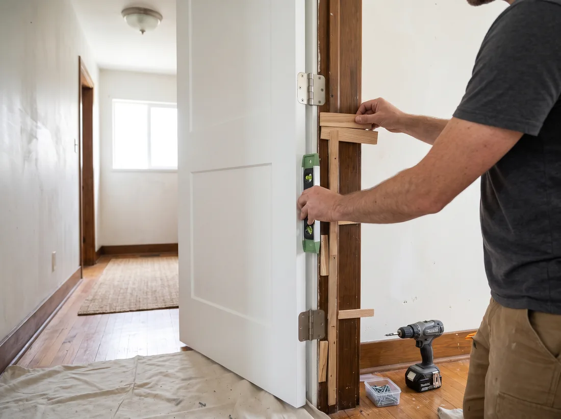Hands fitting a new white interior door into its frame with shims and a level