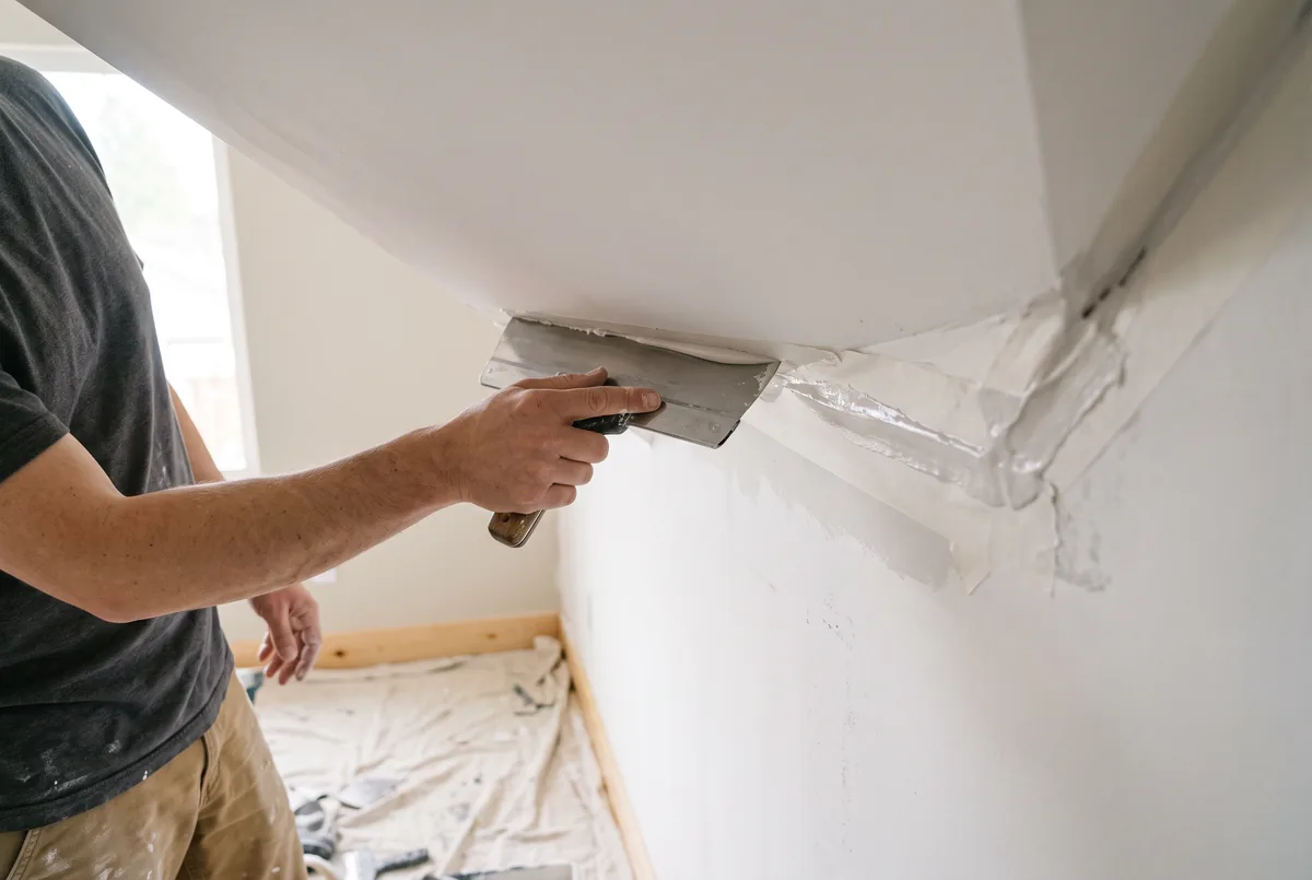 Worker on a stepladder repairing a cracked white ceiling with a taping knife
