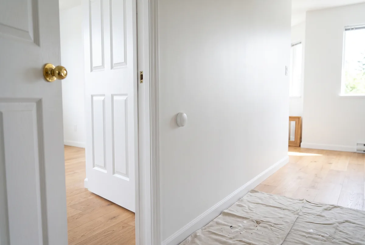 Smooth repaired white wall in a bright hallway with a doorknob bumper beside an open door