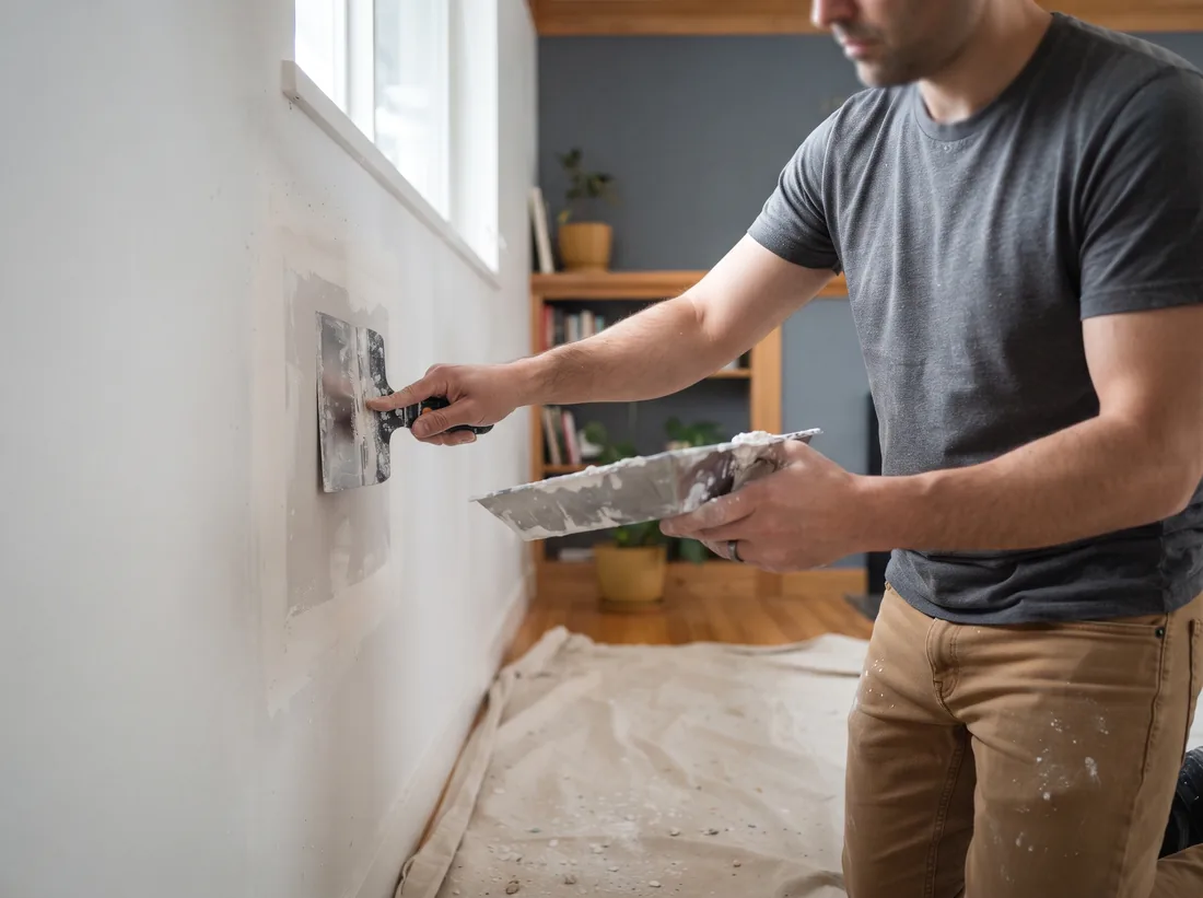 Hands smoothing joint compound over a square drywall patch with a wide taping knife