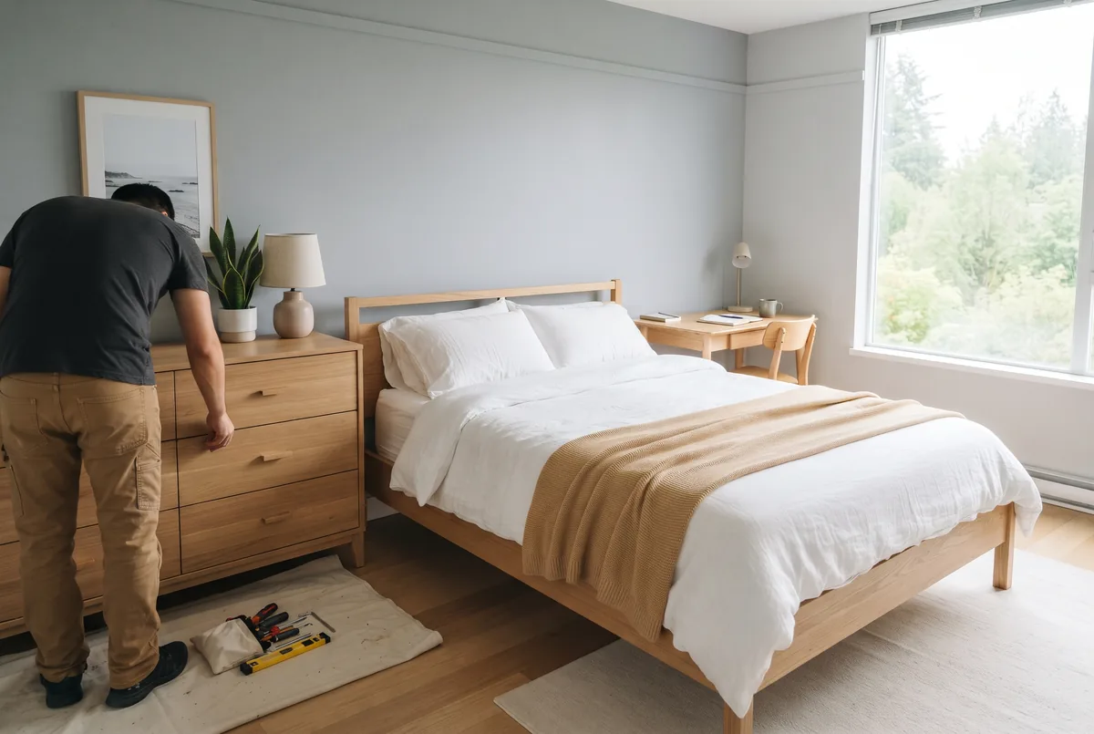 Newly assembled light oak bed frame and dresser in a bright condo bedroom