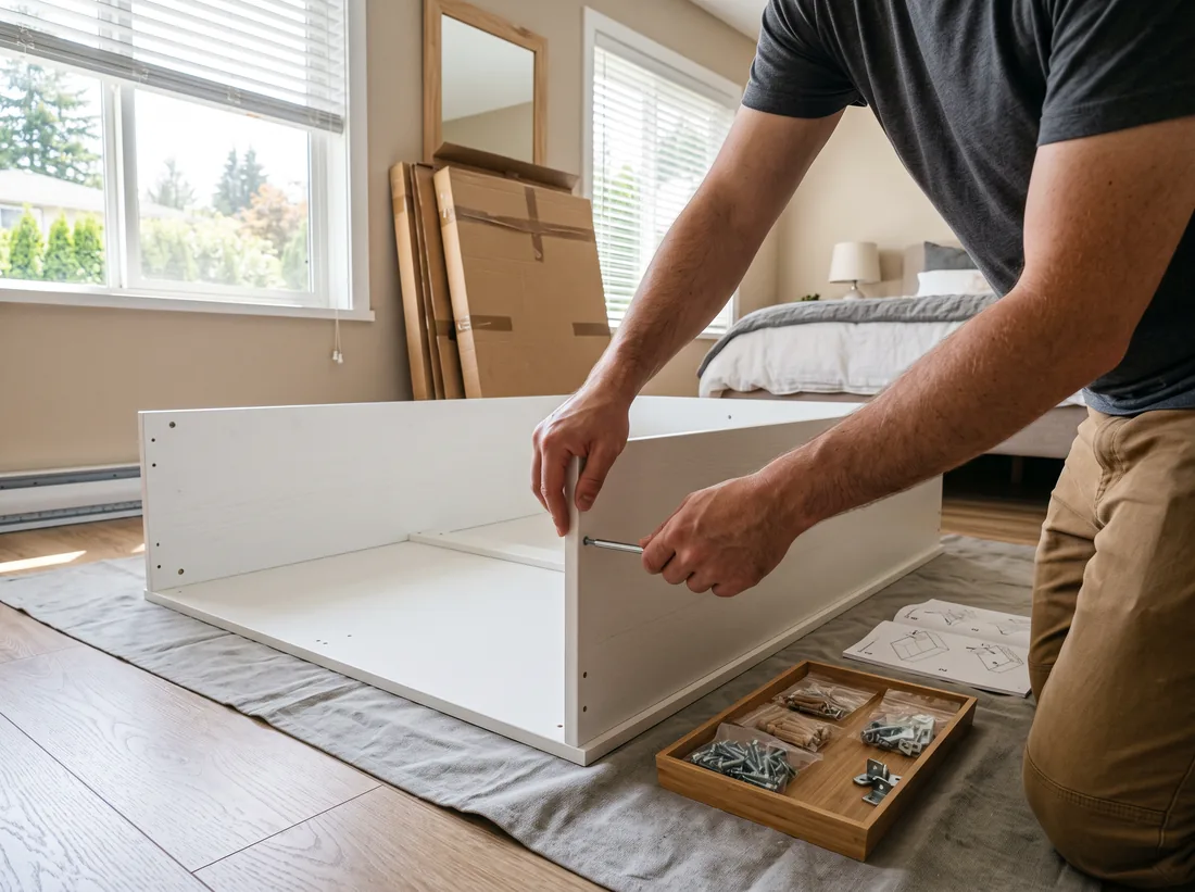 Hands assembling a white flat-pack wardrobe with an Allen key on a drop cloth