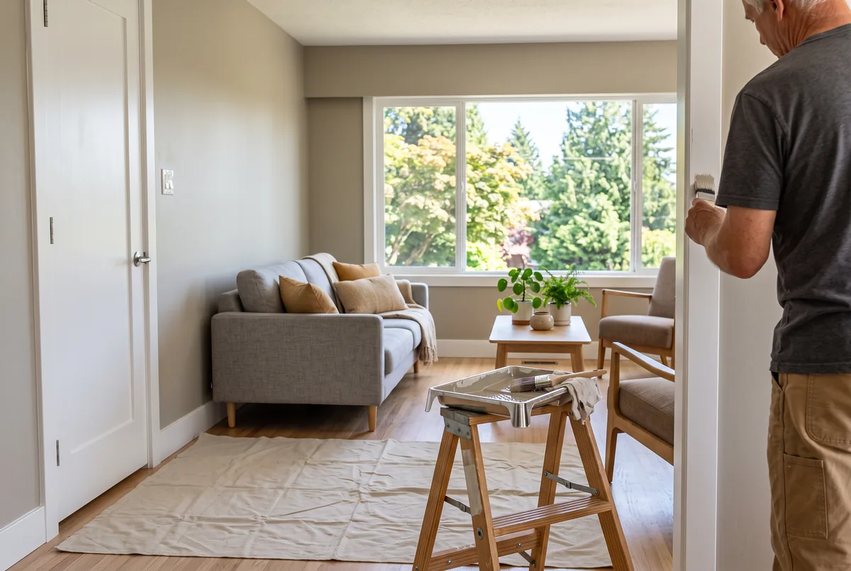 Freshly painted living room with warm greige walls and white trim