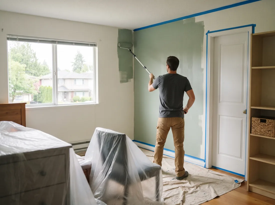 Worker rolling sage green paint onto a bedroom wall with painter’s tape on the trim