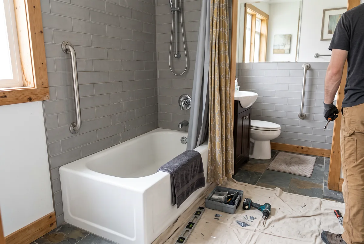 Brushed steel grab bar mounted on grey tile beside a white bathtub