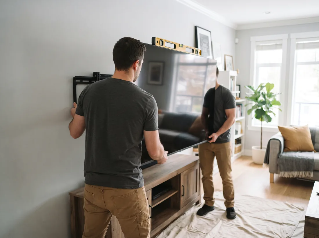 Hands lifting a flat TV onto a low-profile wall bracket with a spirit level on top